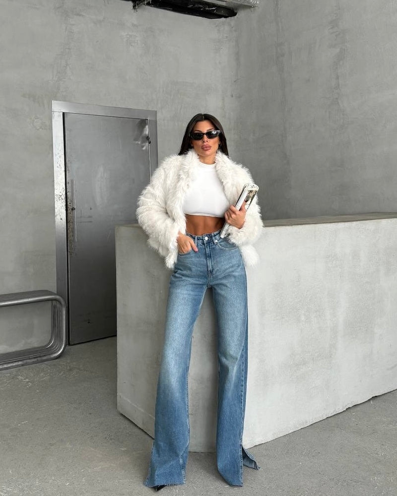 High Waisted Medium Wash Wide Leg Jeans With A Slit