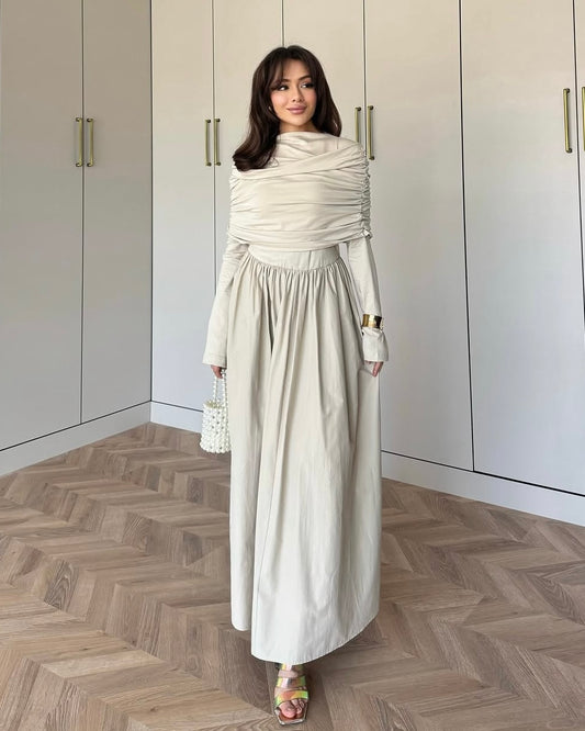 Soft Pleated Cream Dress | فستان كريمي بطيات ناعمة