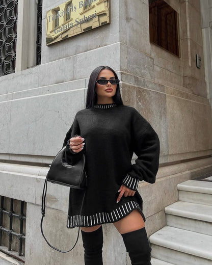 Oversized Black Knit Sweater With White Trim Detailing