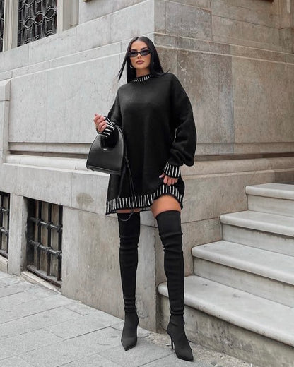 Oversized Black Knit Sweater With White Trim Detailing