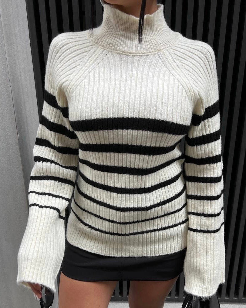 Turtleneck Sweater with Bold Striped Accents in Cream