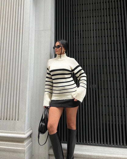 Turtleneck Sweater with Bold Striped Accents in Cream