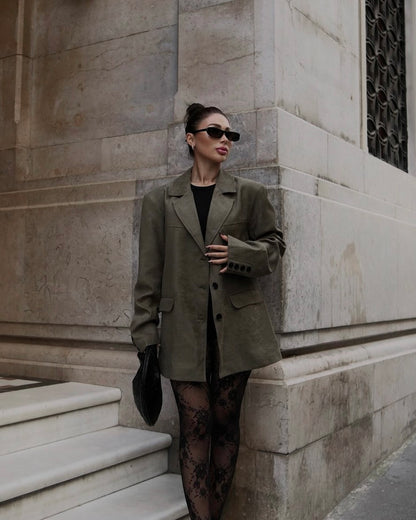 ‏Dark Olive Suede Blazer with Wide Collar