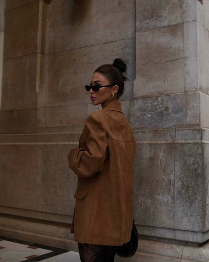 ‏Terracotta Suede Blazer with Wide Collar