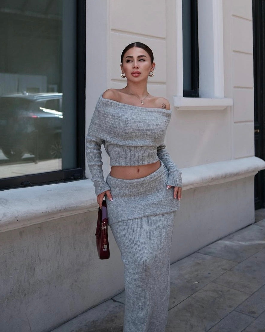 Gray Off-Shoulder Two-Piece Set