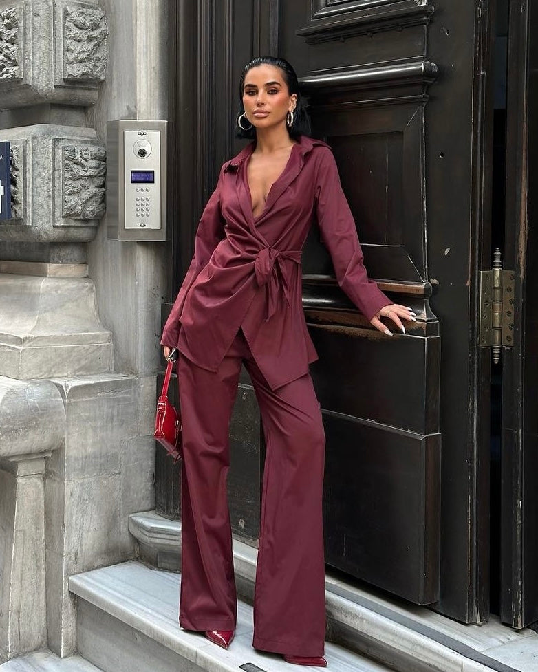Burgundy Wrap Blouse and Wide-Leg Pants Set | طقم بلوزة لفّ باللون الخمري مع بنطال واسع