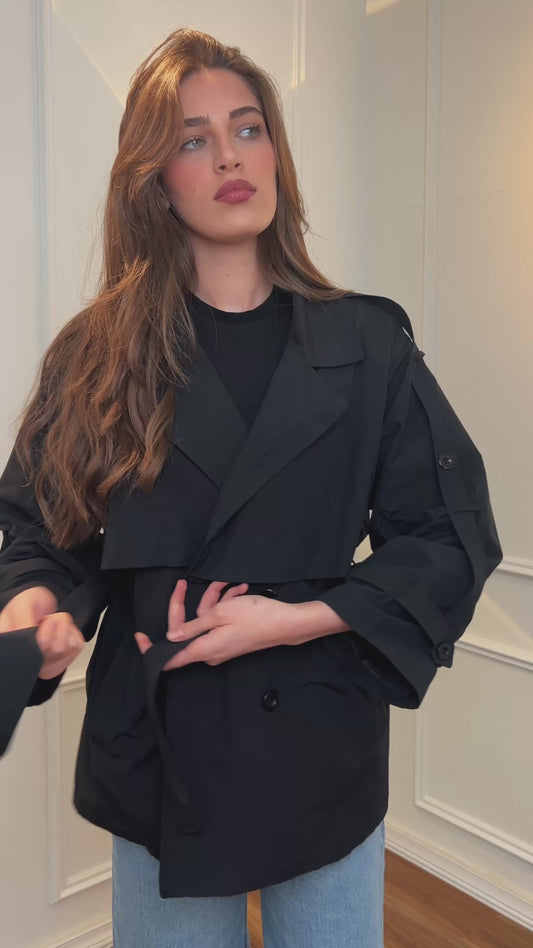Elegant Black Belted Trench Jacket with Wide Lapels | جاكيت ترنش اسود أنيق بحزام وياقة عريضة